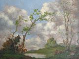 peinture d'un paysage avec des arbres et une rivière au premier plan