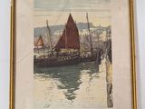 painting of a sailboat in a harbor with a city in the background