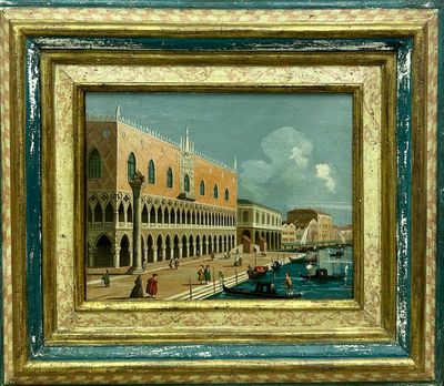 painting of a view of a canal with gondola boats and buildings