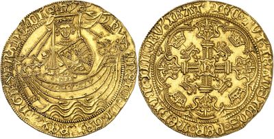 a gold coin with an image of a ship on it