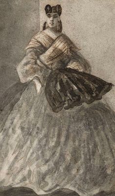 drawing of a woman in a white dress with a fan