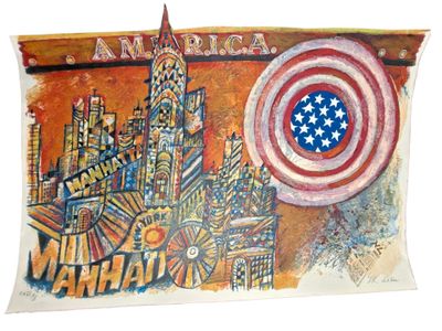 a picture of a painting of a city with a flag
