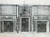un vieux dessin représentant un bâtiment avec une horloge sur la façade
