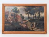 an oil painting of a village scene with figures and horses