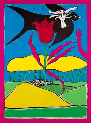 an image of a painting of a bird flying over a flower