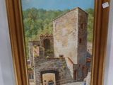 an oil painting of an old building with a man walking by it