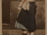 a drawing of a little girl in a blue dress and hat