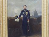 une peinture à l'huile représentant un homme en uniforme tenant une bouteille de vin