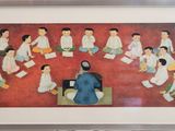 painting of a group of people sitting around a table with a laptop