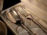 a silver spoon and fork in a box with a spoon and spoon rest