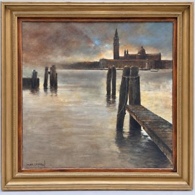 une peinture à l'huile représentant une jetée avec une tour horloge en arrière-plan