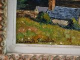 a picture of a painting of a house in a field