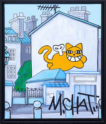 tableau représentant un chat orange sautant par-dessus un immeuble sur lequel est inscrit le mot « mochat »