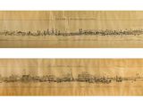 trois vues différentes d'un dessin réalisé sur un morceau de bois, avec une image de ville en arrière-plan