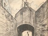 drawing of a drawing of a man walking down a street under a bridge