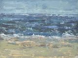 an oil painting of a beach scene with waves crashing on the shore