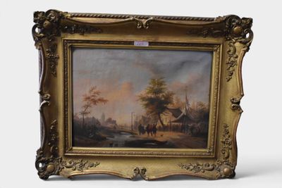 une image représentant un tableau représentant une scène de village, dans un cadre doré