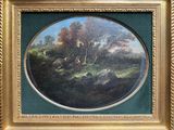 an oil painting of a man on a swing in a wooded setting