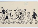 une image représentant un dessin d'un groupe de personnes marchant dans une rue