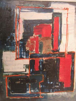 abstract painting of red, black, white, and blue squares and rectangles