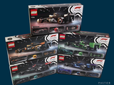 three lego cars in the box on the blue background