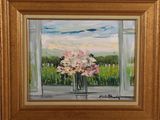 a painting of a vase of flowers in front of a window