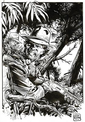un dessin en noir et blanc représentant un homme assis sur une chaise sous un arbre