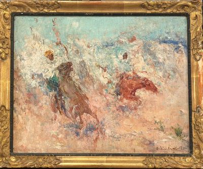 an oil painting of a man riding a horse on a beach