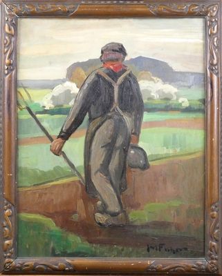 une peinture à l'huile représentant un homme avec un chapeau et une canne