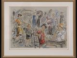 painting of a group of people sitting around a table with a tennis racket