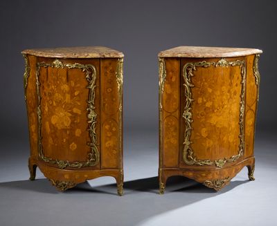 pair of louis xv style marquet commode cabinets