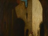 un tableau représentant une scène de rue avec un homme et une femme dans une ruelle