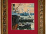 une peinture à l'huile représentant des bateaux dans un port, sur fond rouge