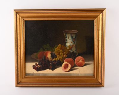 painting of a still life of peaches, grapes, and grapes on a table