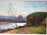 a painting of a landscape with a river in the background