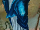 an image of a painting of jesus holding a snake on top of a globe