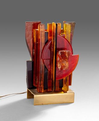 Jean Simon LABRET (XXe) Lampe brutaliste en verre coloré sur… - Photo 1