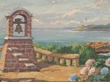 a painting of a bell tower with a view of the ocean