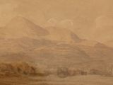 a painting of a boat in the water with mountains in the background
