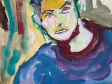 painting of a man sitting in a chair with a guitar in his lap