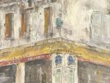 an oil painting of a building with a clock on the front of it