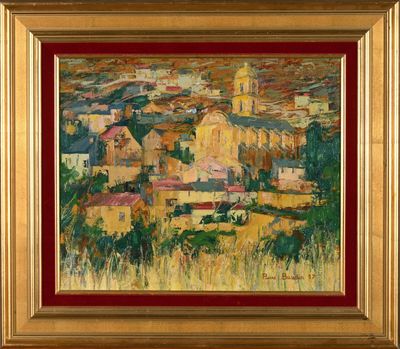 an oil painting of a village with a red sky in the background