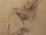 drawing of a woman sitting in a chair with a skull in the background