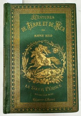 un vieux livre vert avec un cheval doré sur la couverture