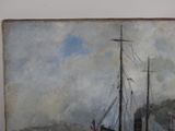 a painting of a boat in the water with a sky in the background