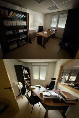 deux photos d'un bureau à domicile avec un bureau et une chaise