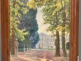 an oil painting of a park with trees and a building in the background
