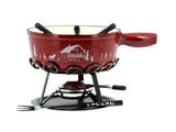 the red fondetter is sitting on top of a metal stand