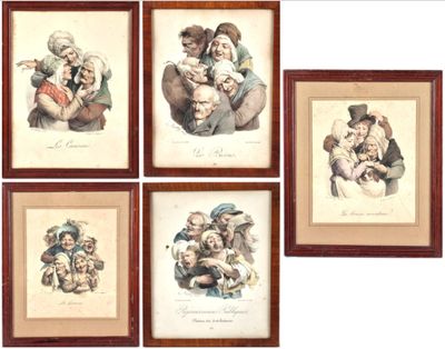 four framed pictures of a family with a child and a dog