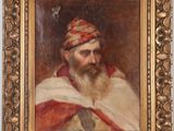 un tableau représentant un homme barbu portant un chapeau rouge et blanc